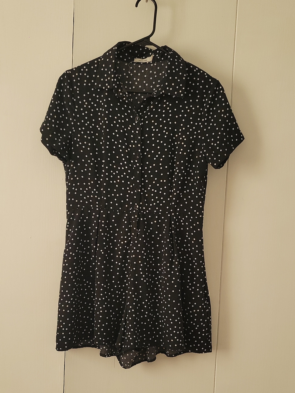 Black Polka Dot Romper Short Sleeve Button-Up Top